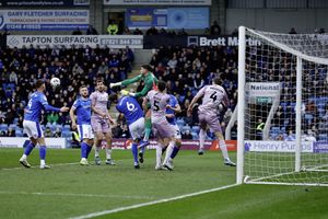 Goalmouth action during the game between Chesterfield and Shrewsbury Town