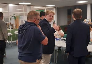 Tom\'s thumb: Newly elected Councillor Tom Wust reacts at Thursday\'s by-election count. Picture: LDRS