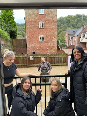 The flooding at Dale End as seen from the safety of the Brook Evans Ironbridge salon.