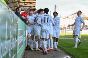 AFC Telford United players celebrate with the fans after Jamie Meddows gives AFC Telford United a 1-0 lead over Radcliffe. Picture: Kieren Griffin Photography