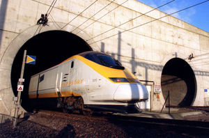 A Eurostar train emerges from the Channel tunnel at Sangatte, France, in December 1994