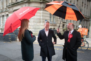 Sir Keir Starmer, centre, on the campaign trail in Birmingham with mayoral candidate Liam Byrne, right