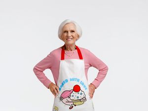 Supporting image for story: Mary Berry ‘delighted’ as she joins celebrities wearing Red Nose Day aprons