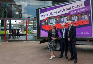 Anne Shaw with Mayor Richard Parker and Pete Bond, Director of Integrated Transport Services at Wolverhampton Bus Station in May 2025. PIC: Transport for West Midlands