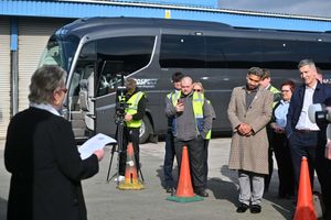 Industry representatives gathered at Prospect Coaches in Lye for the unveiling of a blue plaque in memory of the late Ros Hadley. Women in Bus and Coach presented the plaque in recognition of Ros's contribution to the industry over 50 years