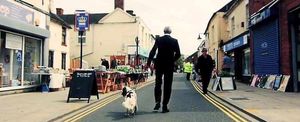 Smartly dressed Chris walks his dog in Dawley