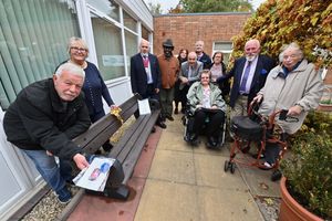 The bench was unveiled paying tribute to Tina Boothroyd at Queens Cross Network in Dudley. Pictured is her husband Paul Boothroyd, former Mayor Councillor Hilary Bills, Deputy Mayor Mushtaq Hassain and other guests