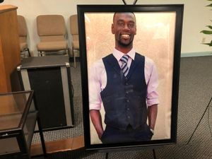 A portrait of Tyre Nichols displayed at a memorial service