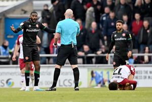 Walsall's Hayden White protests to the referee