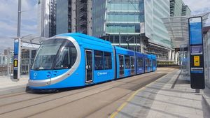A new blue tram at the Snow Hill Metro stop