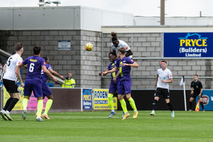 Orrin Pendley gets a head on the ball and finds the back of the net which doesn’t count as the whistle was blown before it crossed the line 