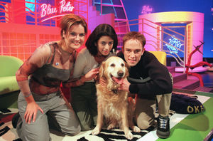 Katy Hill, Konnie Huq and Simon Thomas with Bonnie the golden retriever