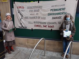 Supporting image for story: Anti-relief road campaigners set up in Shrewsbury town centre in Cop26 action day