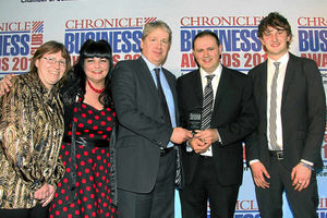 GWR Fasteners won Young Business of the Year  From left Jacqui Reynolds, Jude Robinson, John Ollier, of Turner Peacy, presenting, Gary Robinson, Griff Griffiths at the presentation evening