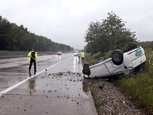 Supporting image for story: Car leaves carriageway and overturns in M54 crash