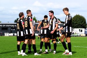 Jimmy O’Neill (centre) celebrates with his Stafford Rangers teammates