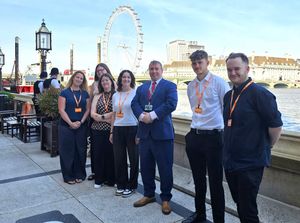 Pictured at the Palace of Westminster is (left to right) Sally Slater, Ellie Thompson, Meredith Davis, Emily Hill, Steve Witherden MP, Sam Watkins and Mathew Kenney.