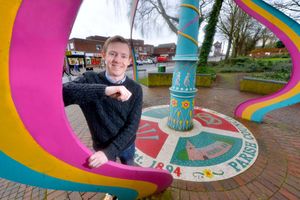 Dan Kinsey with the Wombourne maypole sculpture