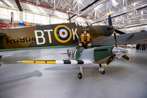 Model Mania at RAF Cosford with the Large Model Association. Pictured a model Spitfire in front of James May's model Spitfire.