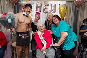 Connie White enjoys her hen party with butler Brandon