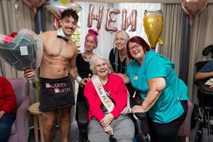 Connie White enjoys her hen party with butler Brandon