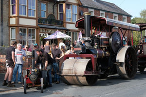 Steam engines large and small outside The Olde Tavern in Kington. Image by Andy Compton