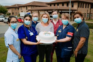 In Picture L>R: Anna Salazar, Aqsa Saleem, Rachel Brown, Sandra Ogden (Cake Maker), Daniel Pearson, Louise Jenkinson and Narinder Dahiya