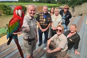 The Wild Zoo at Halfpenny Green Wine Estate. Front: Cybil the parrot and head keeper Alice Spark, Dudley Mayor and Mayoress - Councillor Pete Lee and his wife Gloria; back Staffordshire county and district councillor Victoria Wilson, Jo Judge (from BIAZA), and sitting - Georgia Hollinshead and her mum Caroline Gautier who run the zoo