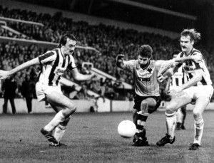 Andy Blair turning Alistair Robertson at the Hawthorns in 1983
