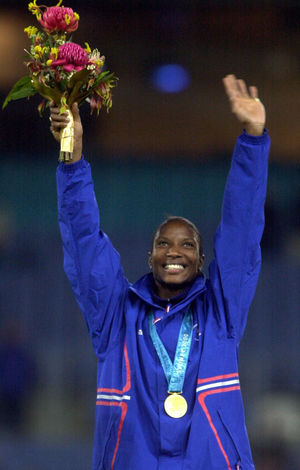 Denise Lewis celebrating winning the Gold medal in the Women's Heptathlon at the Olympic Games in Sydney.