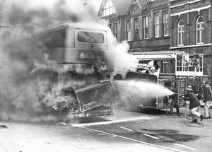 Passengers jumped to safety off a double-decker bus when it over-heated and caught fire at Stafford Street, Wolverhampton in 1976. The driver raised the alarm after seeing flames coming from the engine. 
