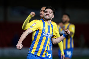 Luke Leahy of Shrewsbury Town celebrates winning the game at full time (AMA)