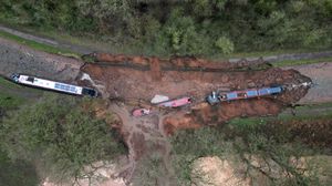 The scene in Whitchurch after a huge sinkhole swallows two narrowboats.