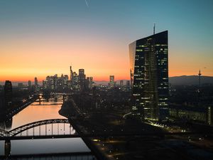 The European Central Bank in Frankfurt, Germany, seen as the sun sets