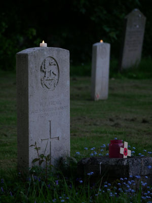 The Commonwealth graves at Kington cemetery at sunset on VE Day. Image: Andy Compton