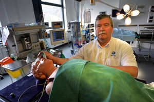 Avensys lecturer David Eveleigh in the operating theatre in the mock hospital