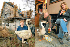 Owner Sally Barnett outside the cottage near Market Drayton and Jack the goose visits The Crown with Keith Barnett and Sally Barnett