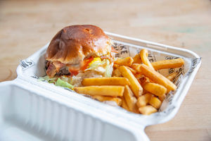 Beef burger with bacon, cheese and fries