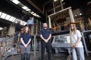 L-R: Andy Callaghan (foundry manager), Jessica Stone (apprentice engineer), Martin Haynes (MD), Liam Greaves (foundry engineer) and Charlie Thomas (apprentice engineer) in front of the low pressure furnace.