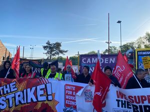 Protesters at the Birmingham bins strike \'megapicket\' at Lifford Lane depot on Friday, May 9. Taken by LDR Alexander Brock. Permission for use for all LDRS partners.