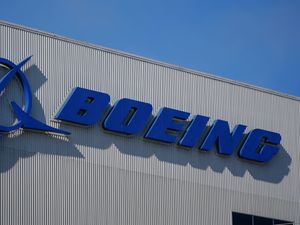 The Boeing logo displayed at a company factory