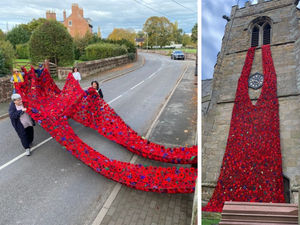 Supporting image for story: ‘The village has never done anything like this!’ Incredible 12-metre poppy cascade created by Shropshire knitters to hang from church