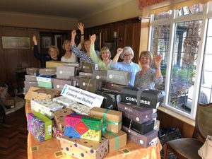 Cannock Soroptimists with the 81 filled boxes for Ukrainian child refugees