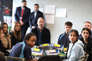 The Prince of Wales joins a lesson with participants on the course to learn about the key skills involved in refereeing during a visit to a referee training course at Sporting Khalsa FC in Willenhall