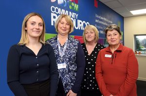(L-R) Emily Myatt, social value coordinator for McPhillips, Sue Chalk, head of service health and wellbeing at Community Resource, Val Hardy, McPhillips company secretary, and Sonia Roberts, Shropshire Community Foundation trustee