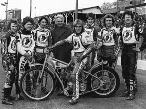 The 1980 Cradley Heathens speedway team with Alan Grahame, Erik Gunderson, Dave Perks, manager Bob Wasley, Bruce Penhall, John Hack, Phil Collins, and Illa Teromaq.
