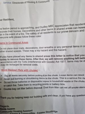 The letter which went out to tenants in Dudley Council properties two days before Christmas