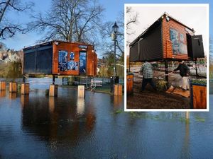 Main pic; cafe on stilts above the water in Shrewsbury Quarry. Inset: Lifting the cafe on Wednesday.