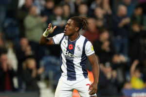 Brandon Thomas-Asante of West Bromwich Albion celebrates after scoring a goal to make it 2-0 during the Sky Bet Championship between West Bromwich Albion and Stoke City at The Hawthorns on November 12, 2022 in West Bromwich, United Kingdom. (Photo by Adam Fradgley/West Bromwich Albion FC via Getty Images).