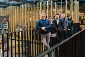 (from left) Andrew Hartshorn (Partner at Gateley), Jan Gilder (Associate Director of Partnerships and STEAM at BCU), Sam Meiklejohn (Partner at Gateley), Professor Nick Morton (Academic Director of Partnerships and STEAM at BCU), and Harprit Virdee (Innovation Fest Manager, Partnerships and STEAM at BCU).